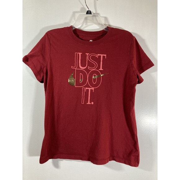 The NIKE Tee Women's Athletic Cut Sz (Large) T-Shirt • Gold Swoosh • Burgundy • - Picture 1 of 10
